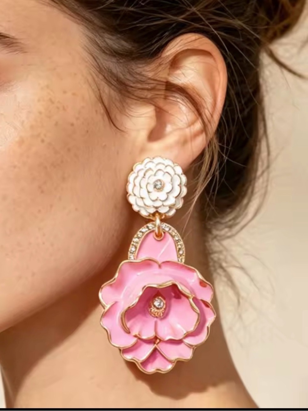Pink & White Enamel Floral Statement Drop Earrings - Picture 1 of 5